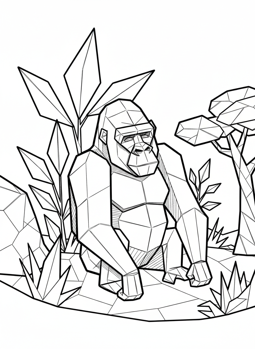 A playful origami gorilla in a sitting pose, with angular chest and arms, surrounded by simple geometric paper plants.