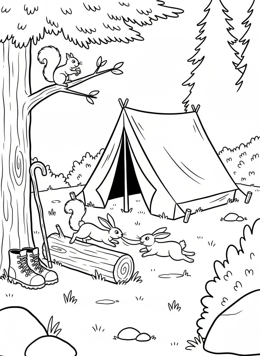 Squirrels and rabbits playing near a tent while a camper's boots and walking stick lean against a tree.