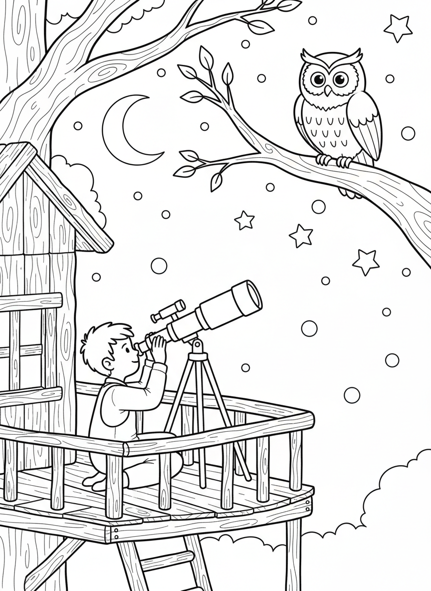 A child using a small refractor telescope in a treehouse while an owl perches on a nearby branch, both looking at the stars.