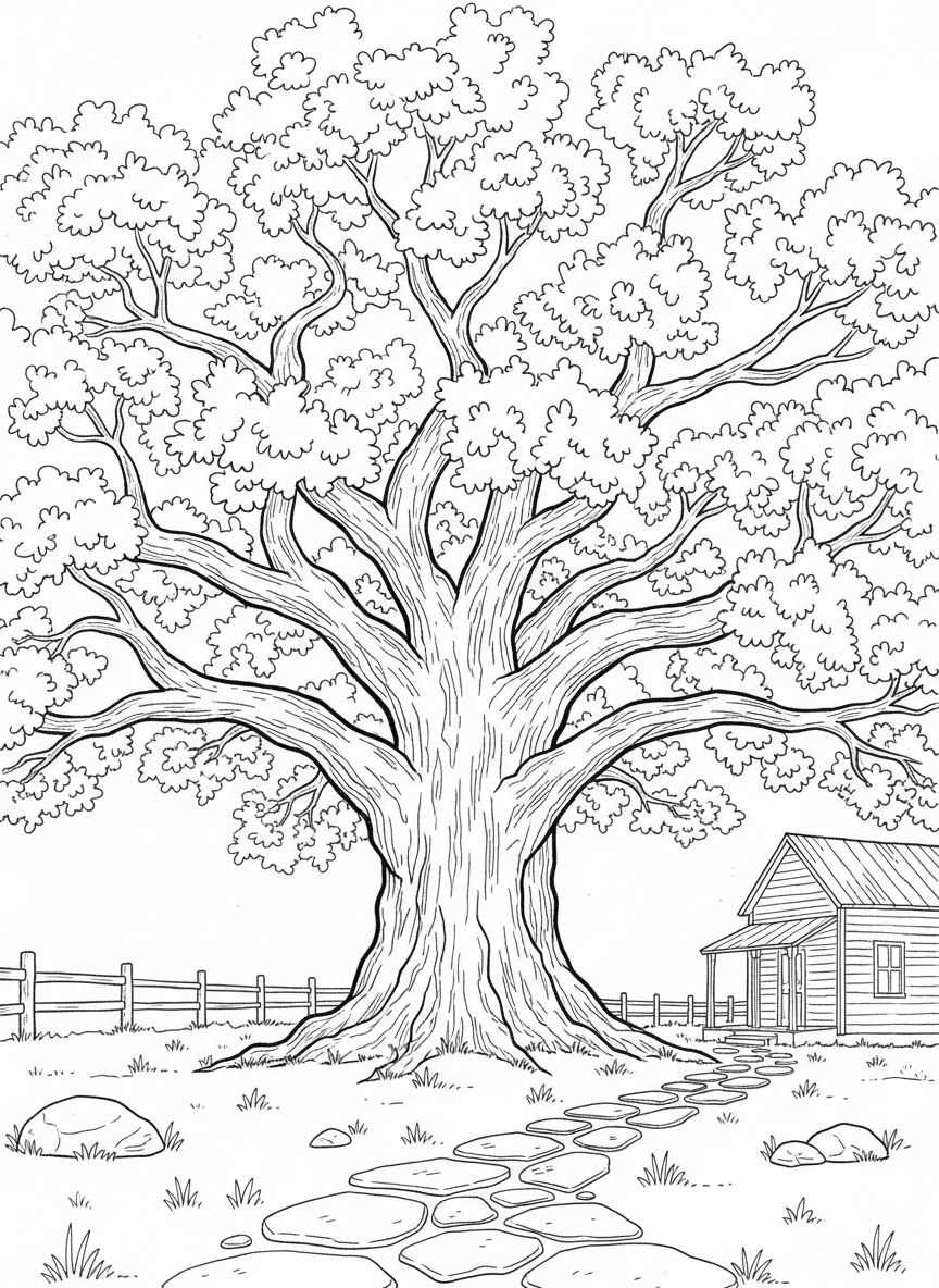 A large oak tree with spreading branches and detailed leaves, representing the original Juneteenth reading location in Texas