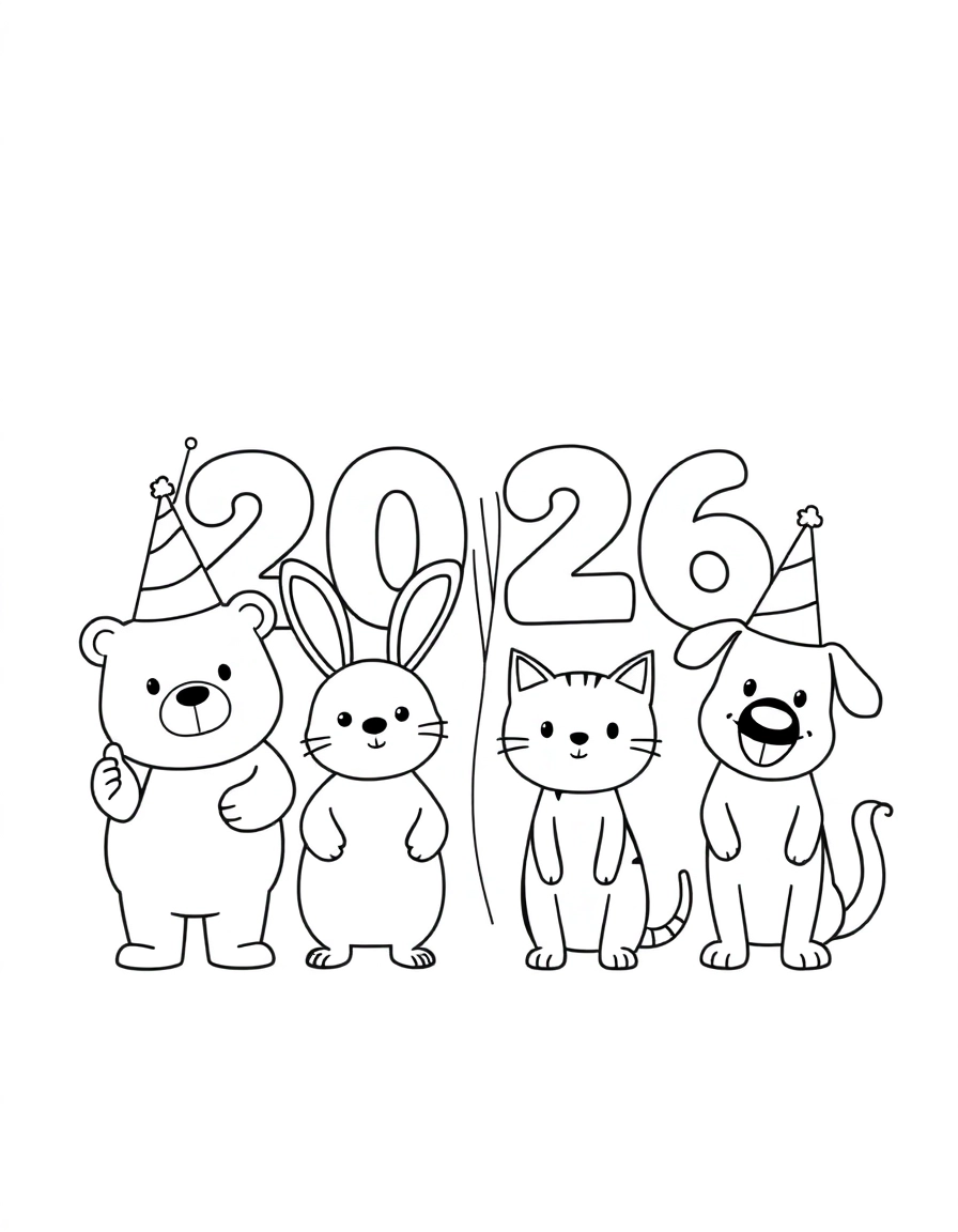 Party Animals: Four cute cartoon animals (a bear, rabbit, cat, and dog) wearing party hats, standing next to a large "2026" sign made of balloons.