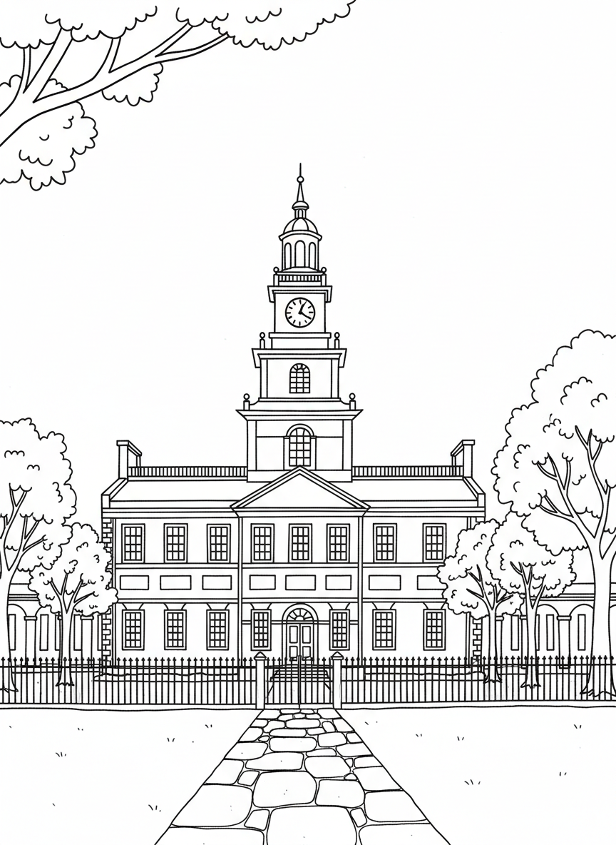 Independence Hall building with its iconic clock tower, symmetrical windows, and front entrance, surrounded by a simple fence and trees.