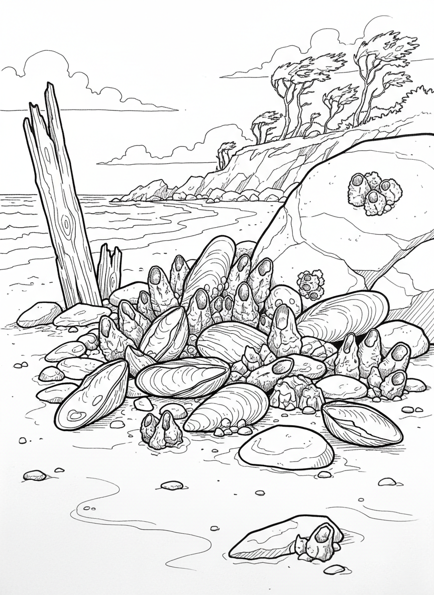 A collection of empty barnacle and mussel shells scattered on the sand after a storm, simple shapes for tracing and coloring