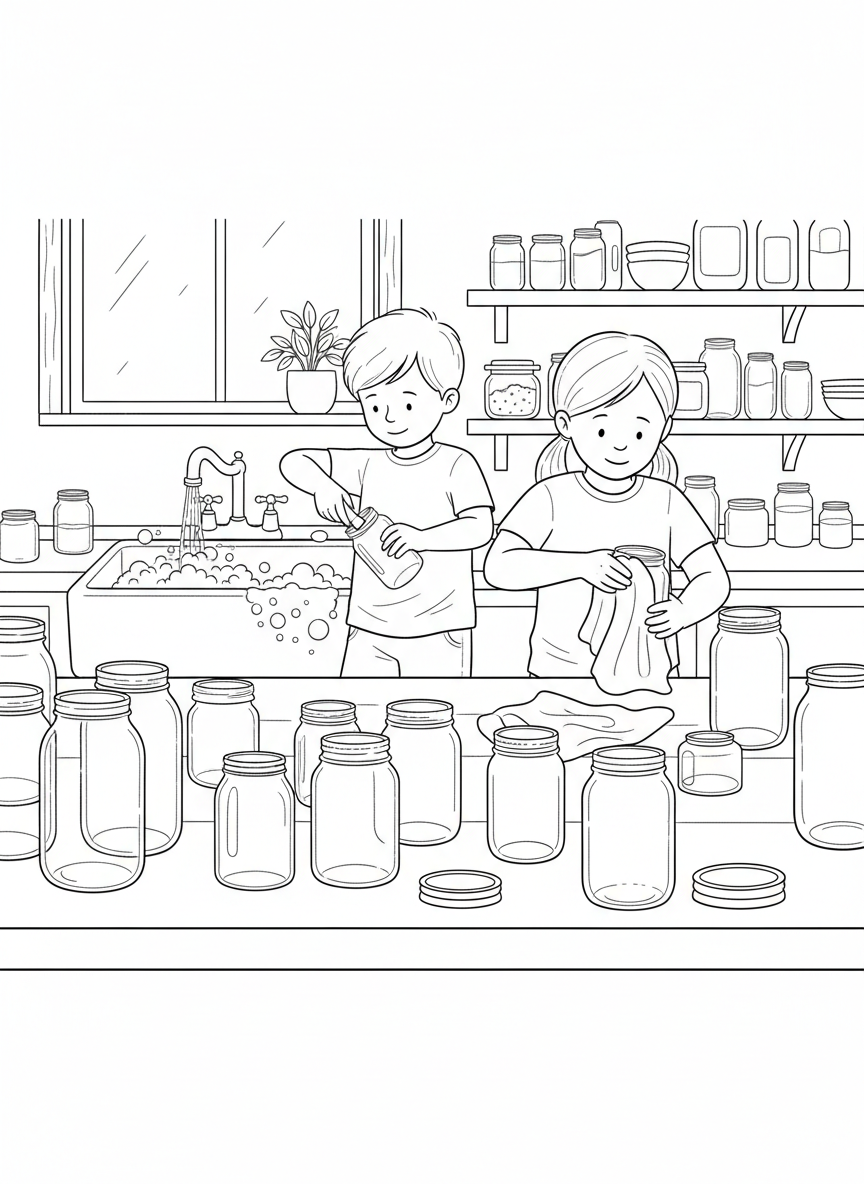 Two children washing and reusing glass jars for storage, standing at a kitchen counter with soapy water and various clean jars.