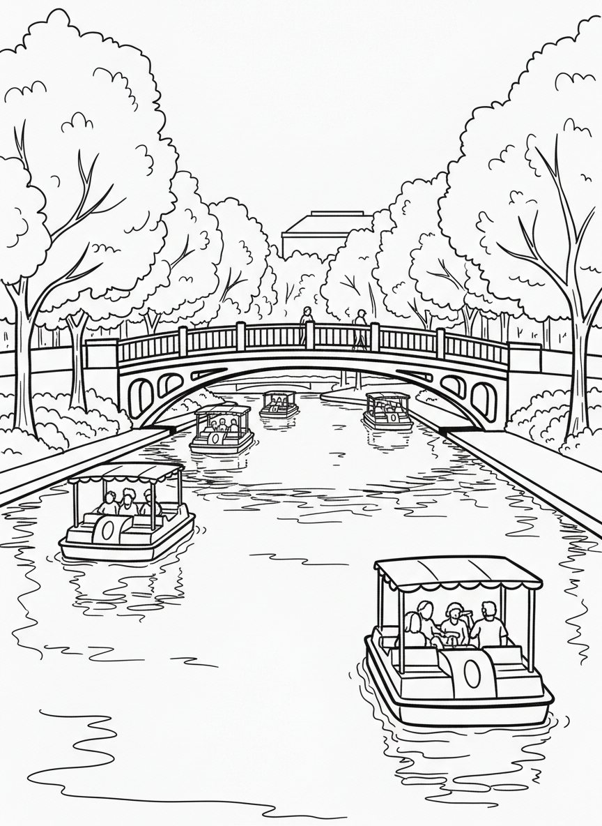 The Canal Walk in downtown Indianapolis with paddle boats, pedestrian bridge, and trees lining the waterway.