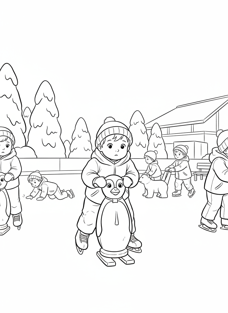 A young child learning to ice skate, holding onto a penguin-shaped skating aid, with other beginners practicing in the background.