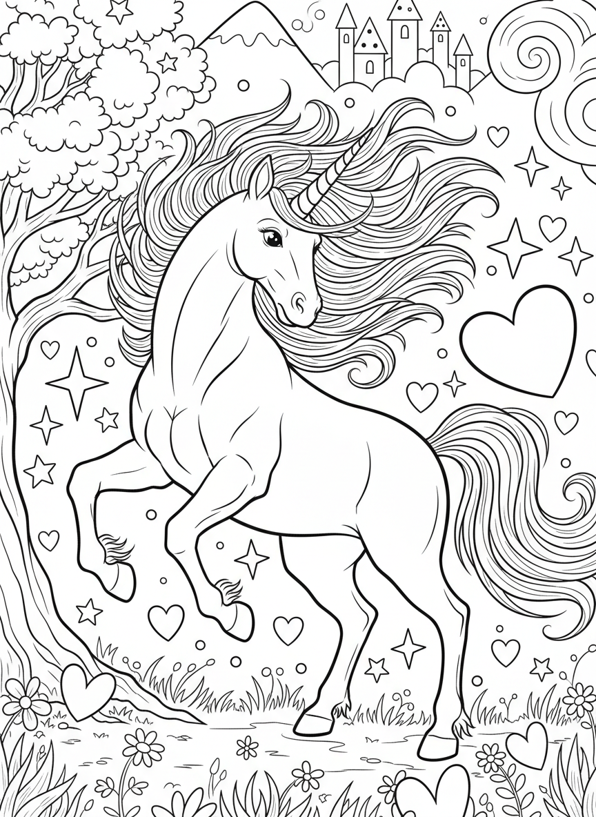 A unicorn shaking its head with mane flying wildly, surrounded by sparkles and hearts, energetic and joyful pose