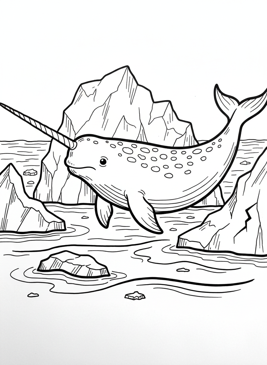 A narwhal with its long spiral tusk swimming in arctic waters with ice chunks floating above
