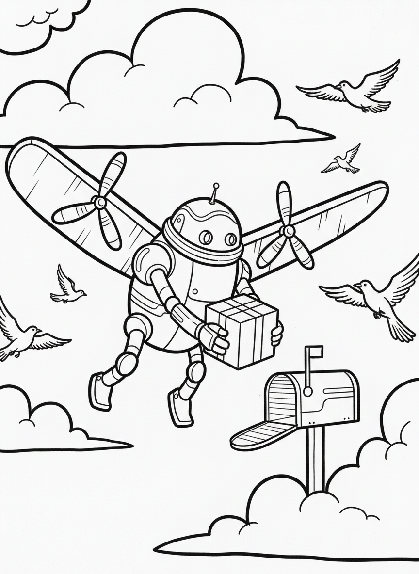 A flying robot with propeller wings delivering a package to a mailbox, surrounded by clouds and birds in the sky.