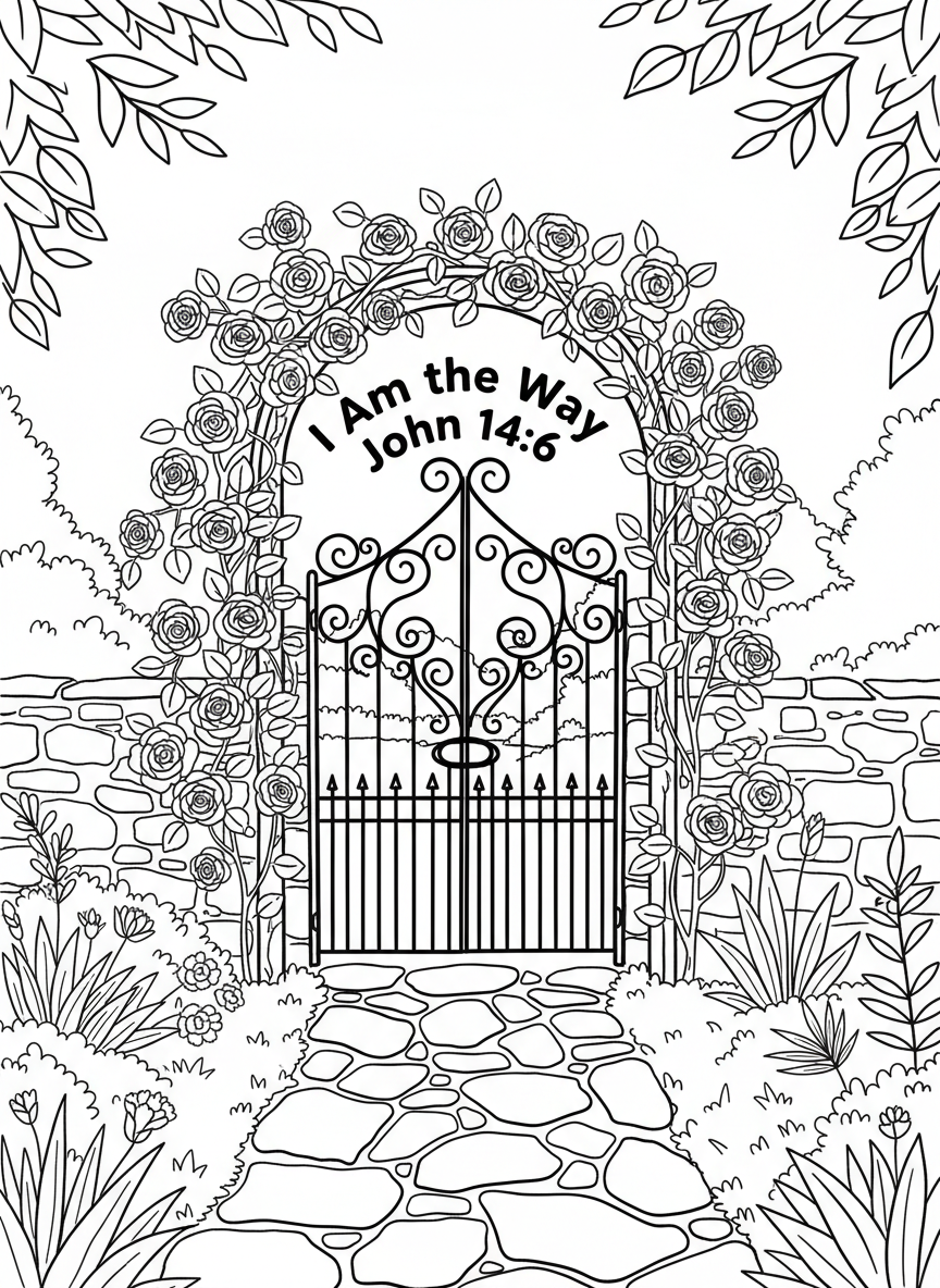 A garden gate with climbing roses and a stone path leading through, featuring 'I Am the Way John 14:6' arched over the entrance