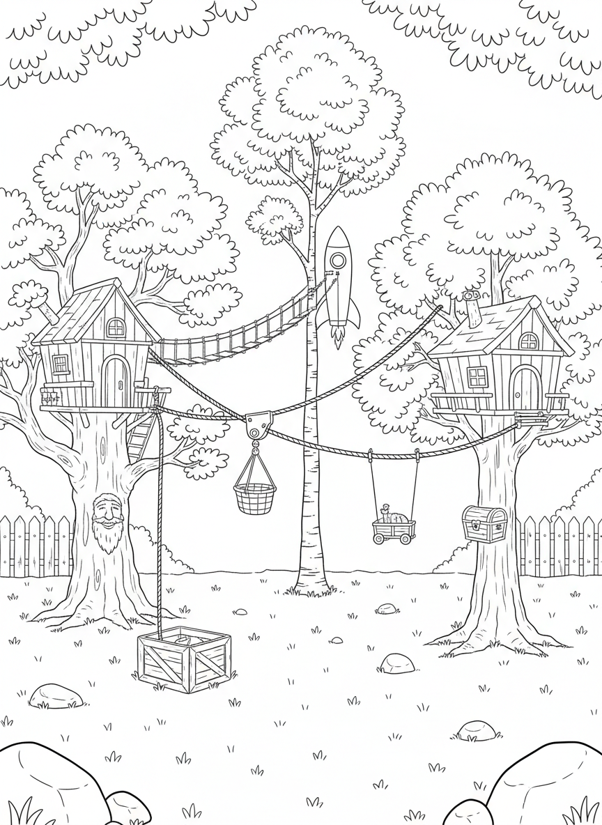 A wide scene of a backyard with three different trees, each with a treehouse and unique mailbox, connected by pulley systems and rope lines.