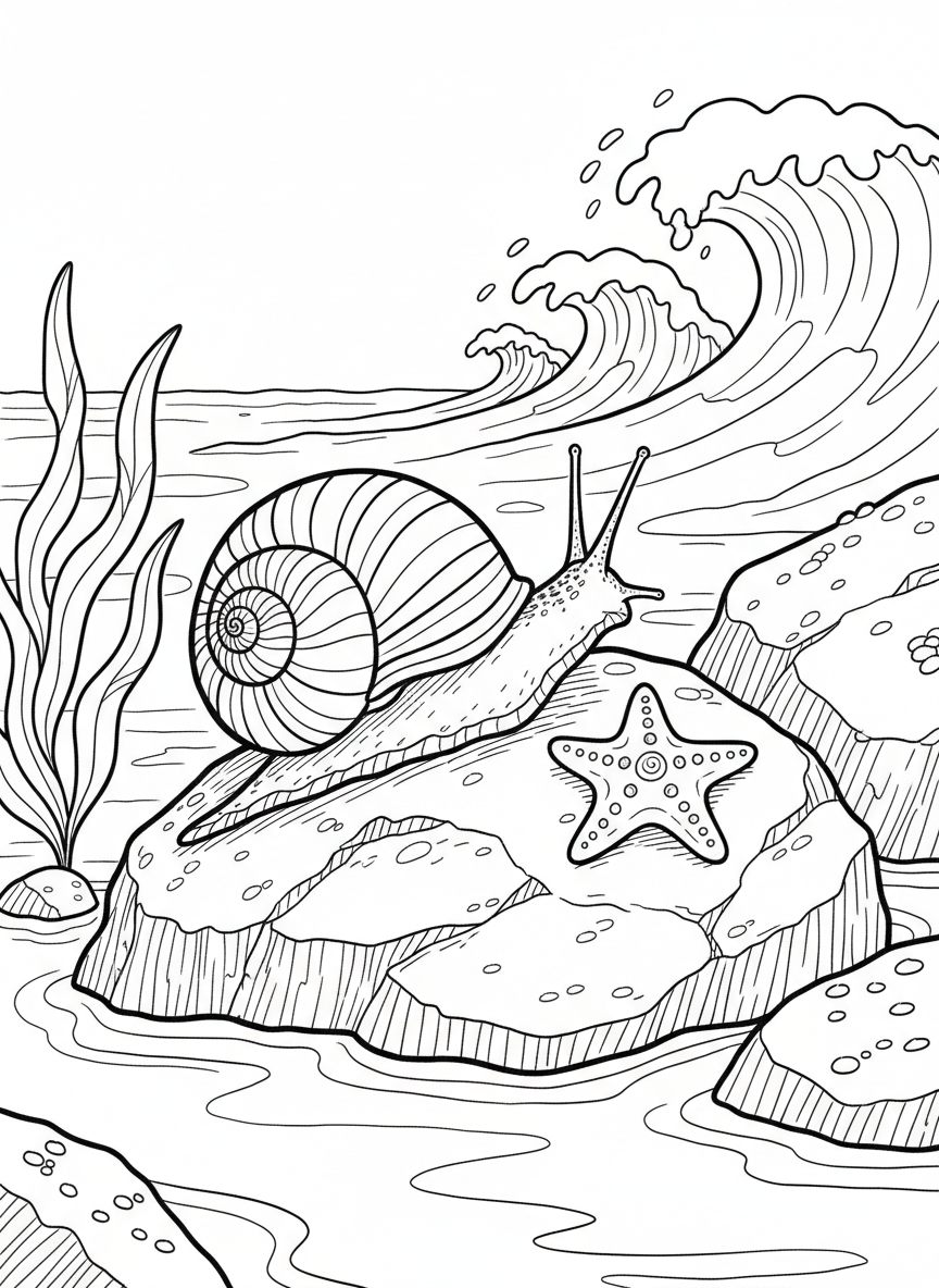A nerite snail with striped shell pattern next to a small starfish on a tide pool rock