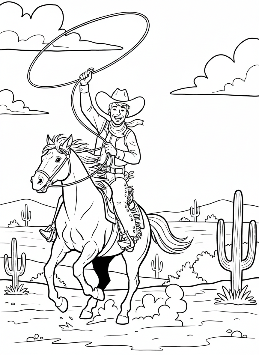 A cheerful cowboy riding a galloping horse across an open prairie, wearing a big hat and waving a lasso above his head.