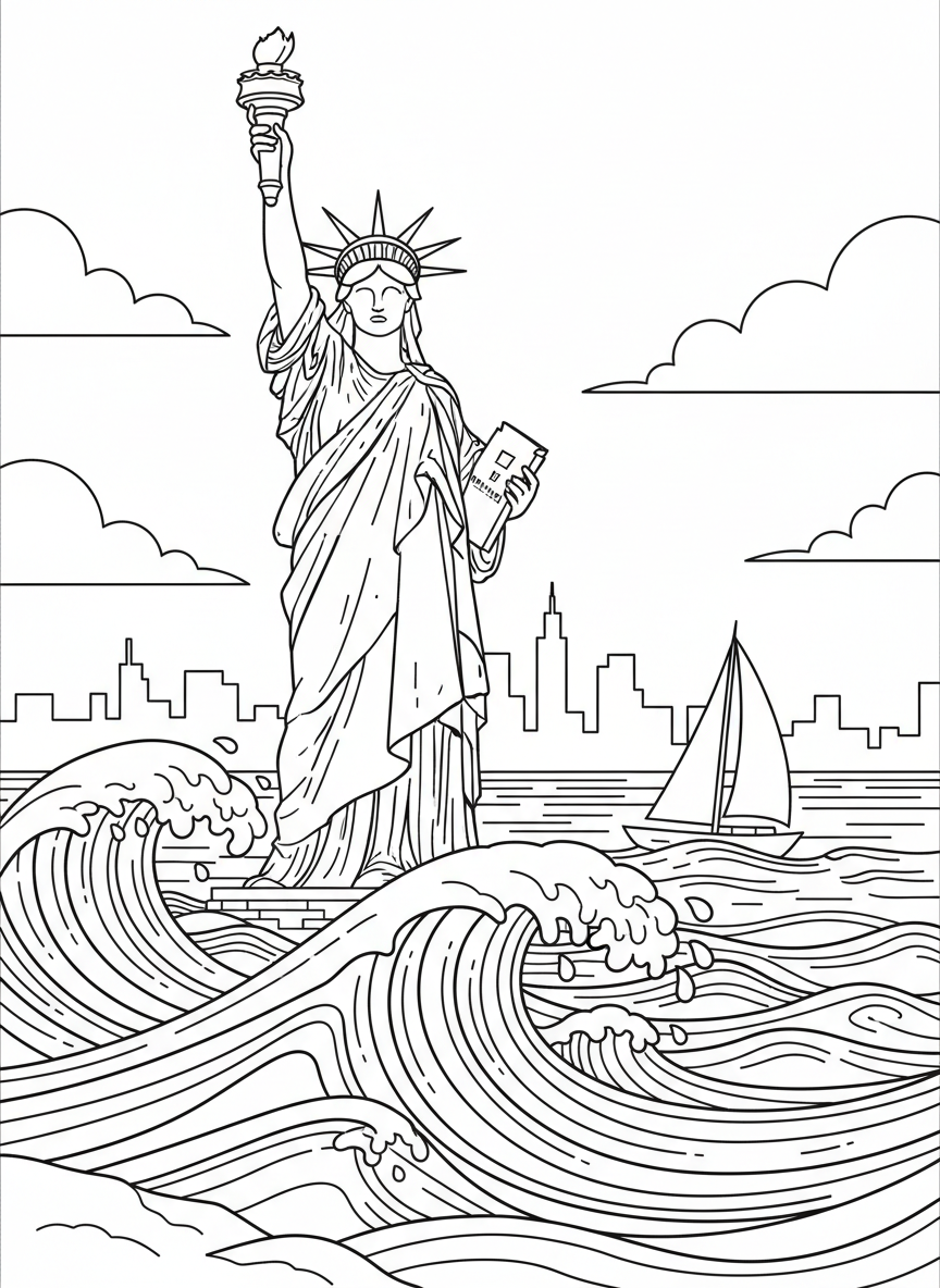 The Statue of Liberty holding her torch high with waves and a sailboat in the harbor below, clear outlines for easy coloring.