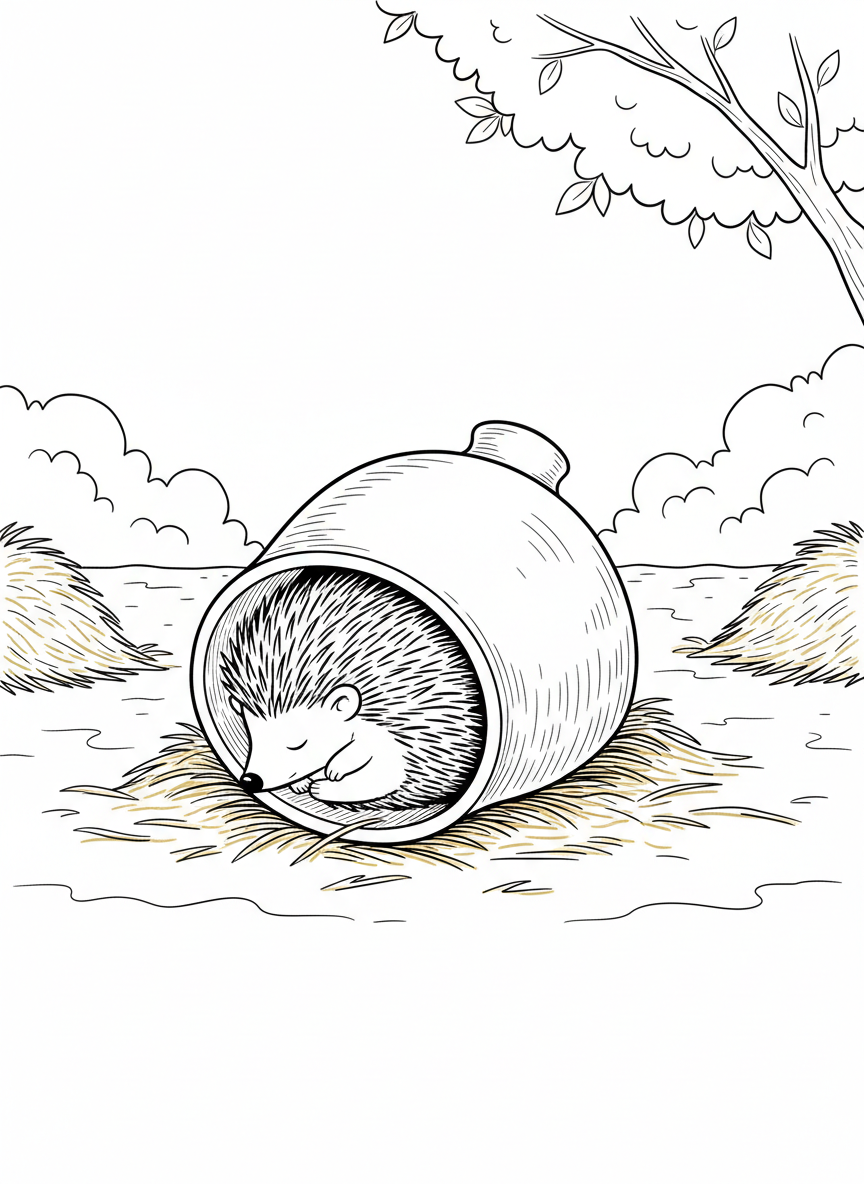 A hedgehog curled up sleeping in an overturned pottery bowl with hay scattered around, adorable simple design