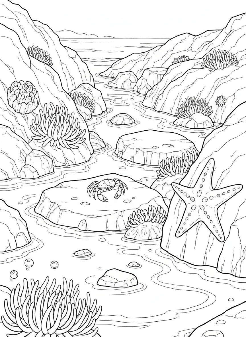 A wide tide pool scene showing multiple anemones attached to rocks, with a small crab walking nearby and starfish on the side