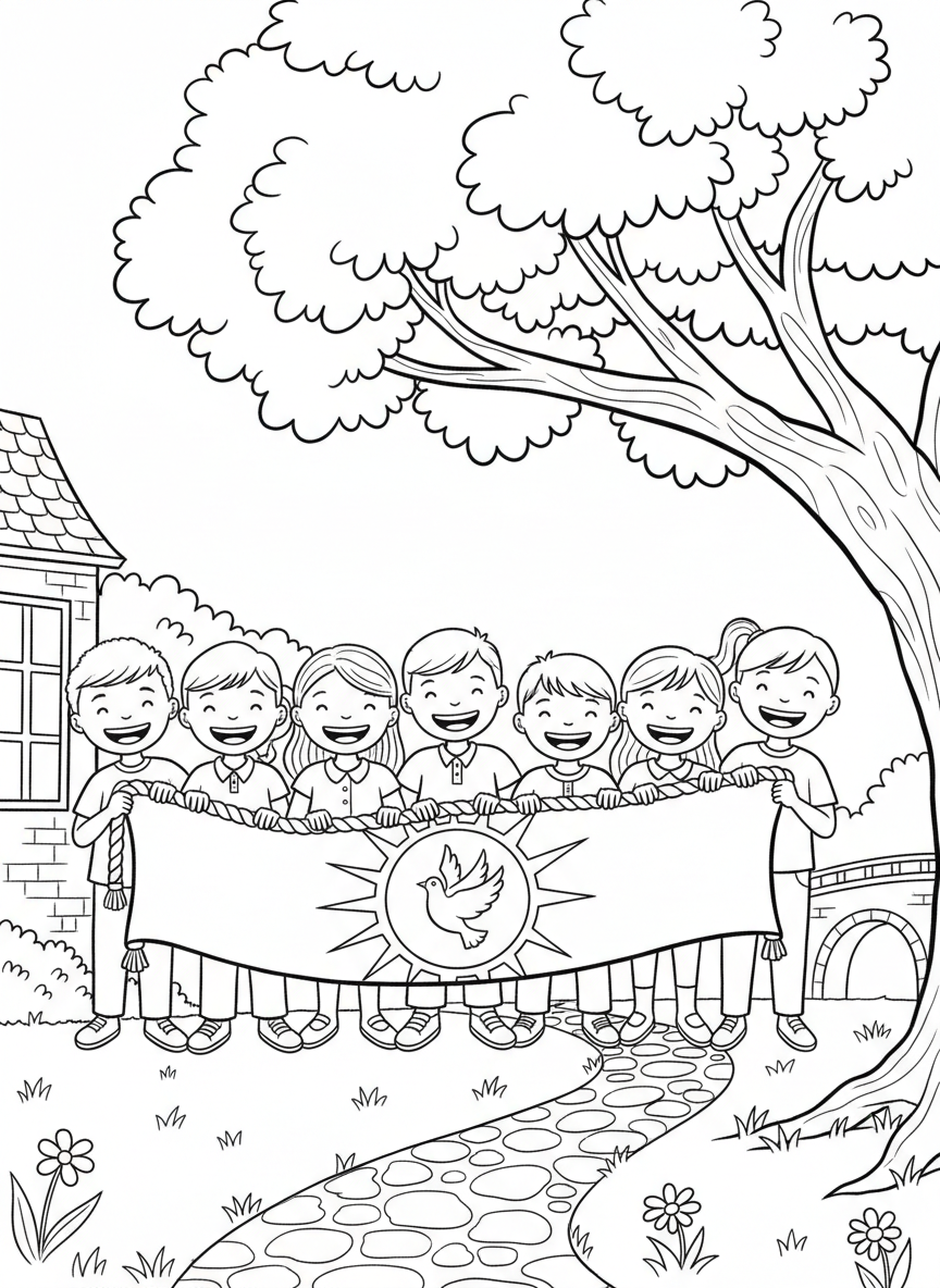 A group of diverse children holding a long banner together with happy expressions, teamwork and unity theme, horizontal composition