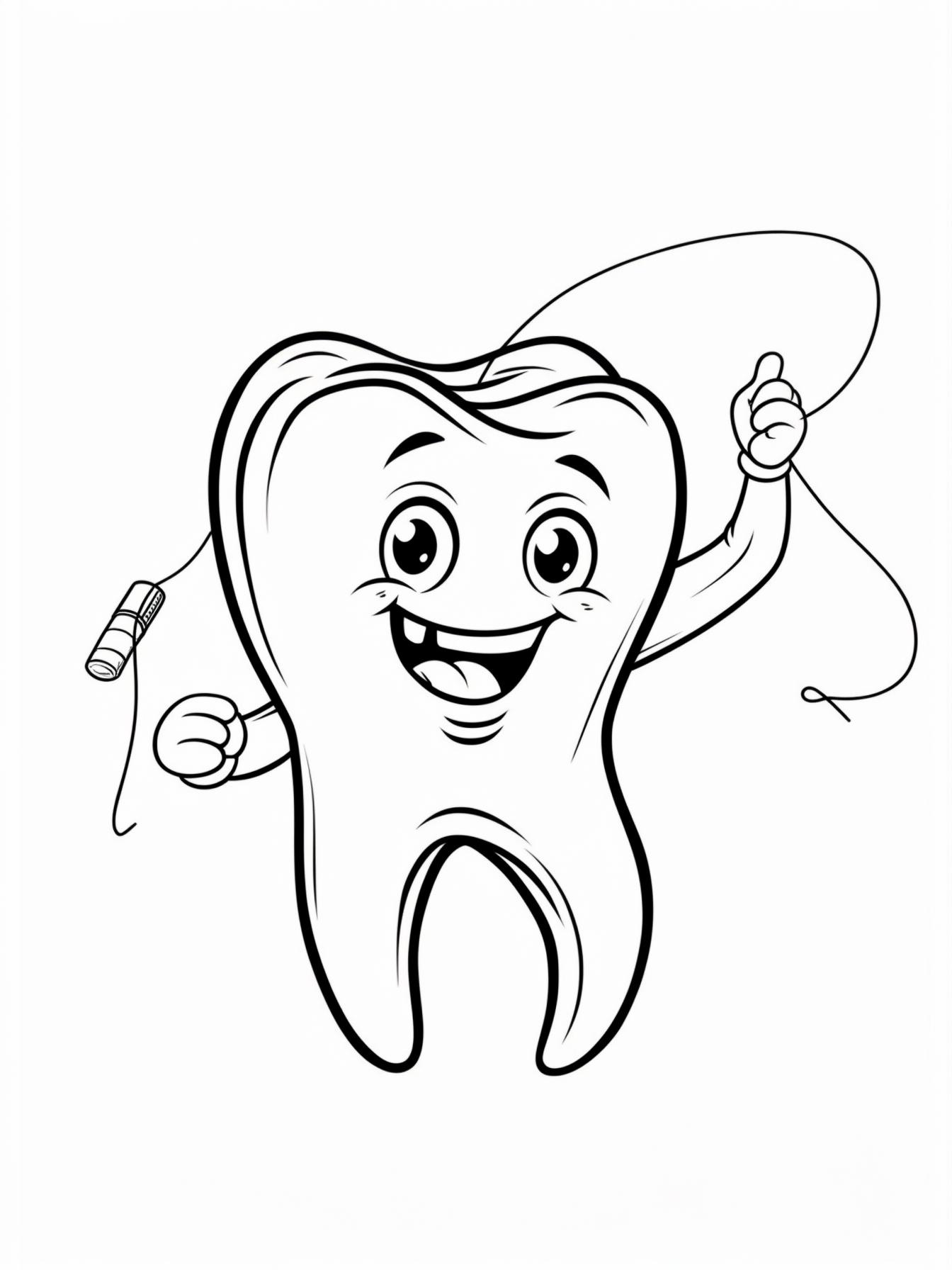 A funny tooth character doing the "Floss" dance move (whimsical pun) with a piece of dental floss.