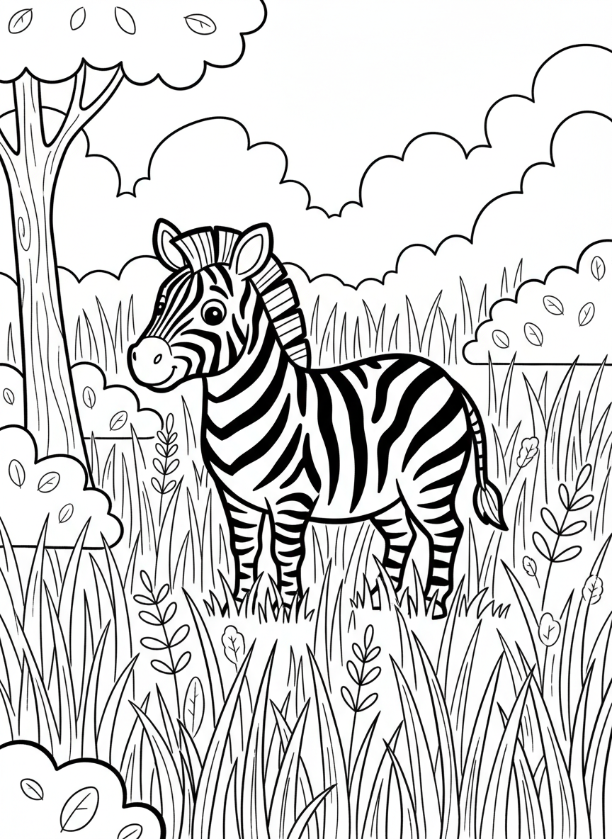 A zebra standing in grassland showing its distinctive stripe pattern, simple composition for younger children
