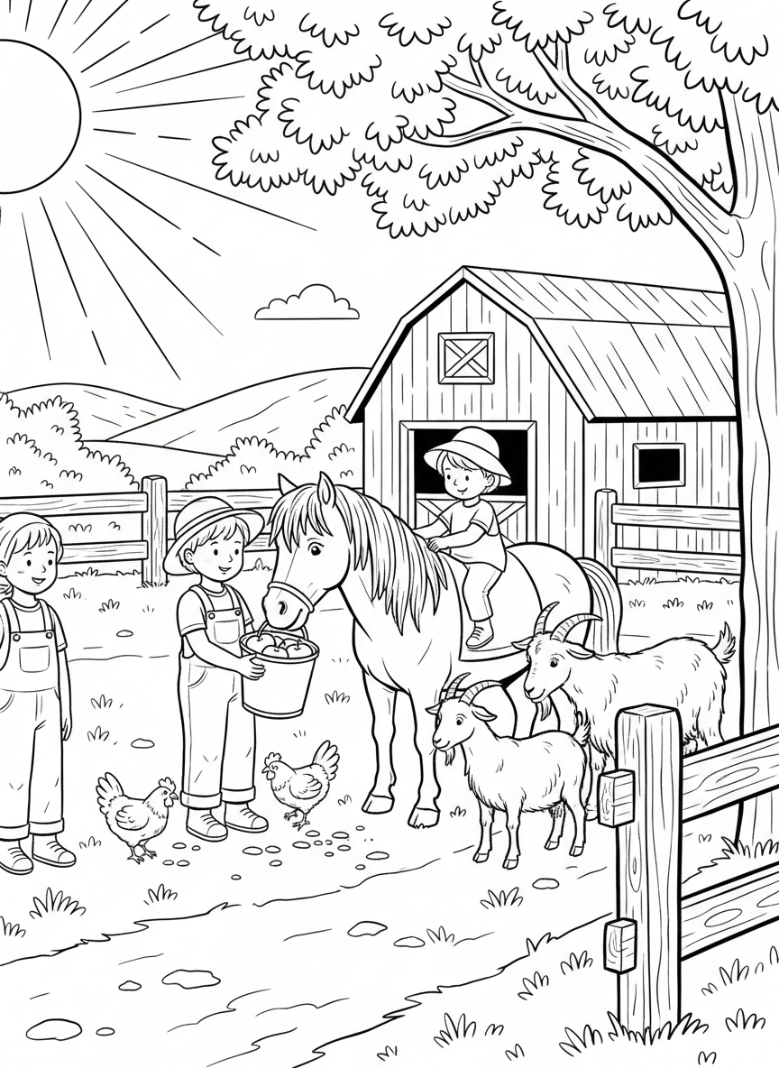 A sunny farm visit scene with kids feeding friendly animals like goats, chickens, and a pony