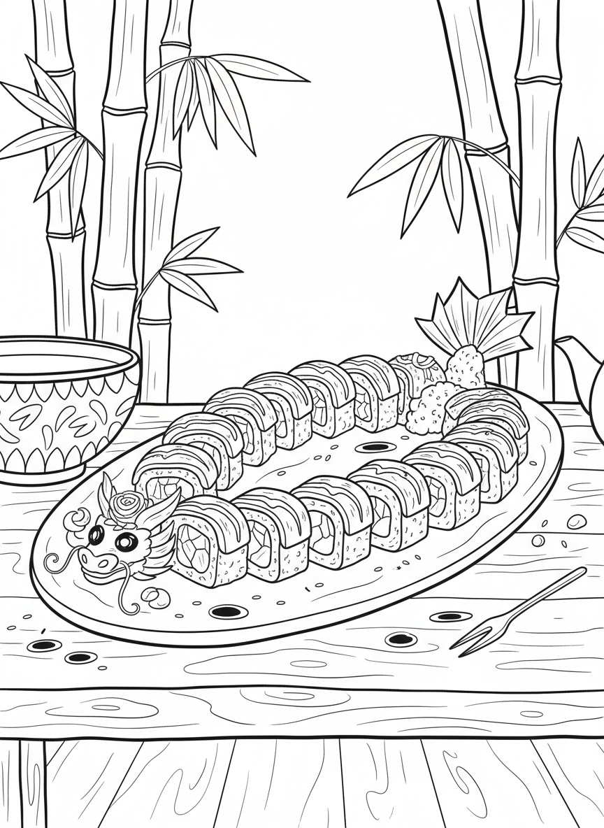 A dragon roll sushi with decorative toppings arranged to look like scales, artistic presentation