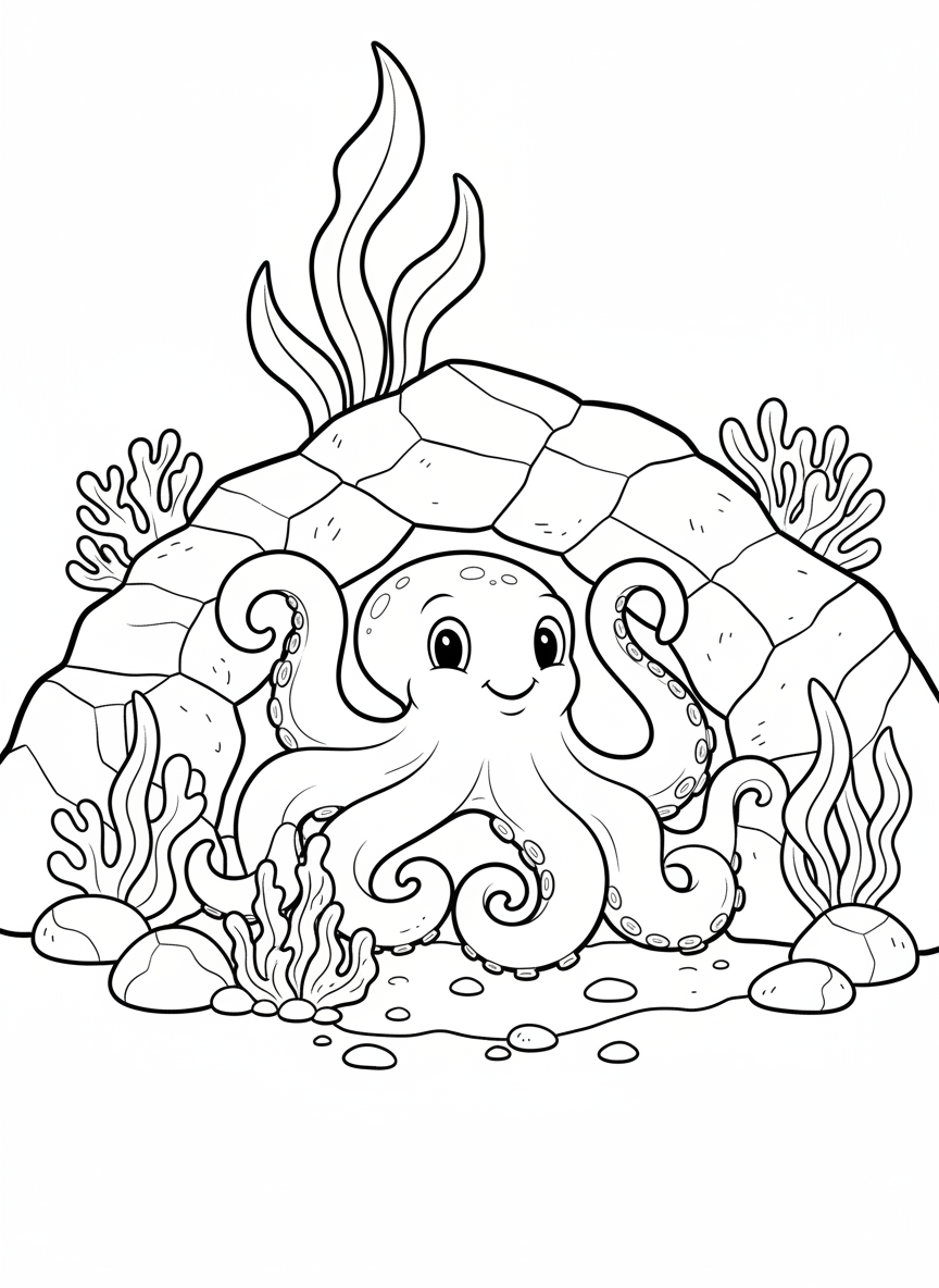 A friendly octopus with curling tentacles hiding in a rocky crevice, surrounded by tide pool plants and small stones