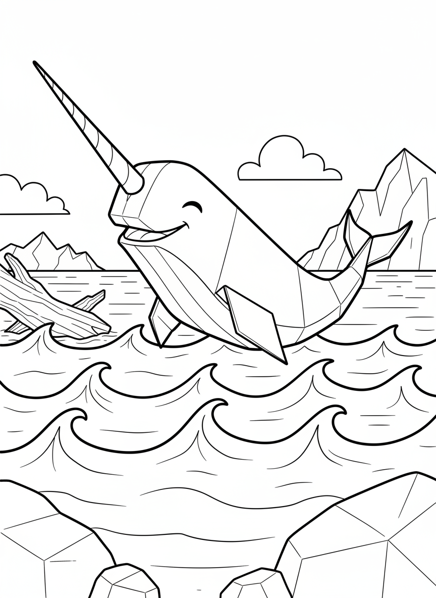 A smiling origami narwhal with long spiral horn, curved body showing paper creases, and small folded flippers