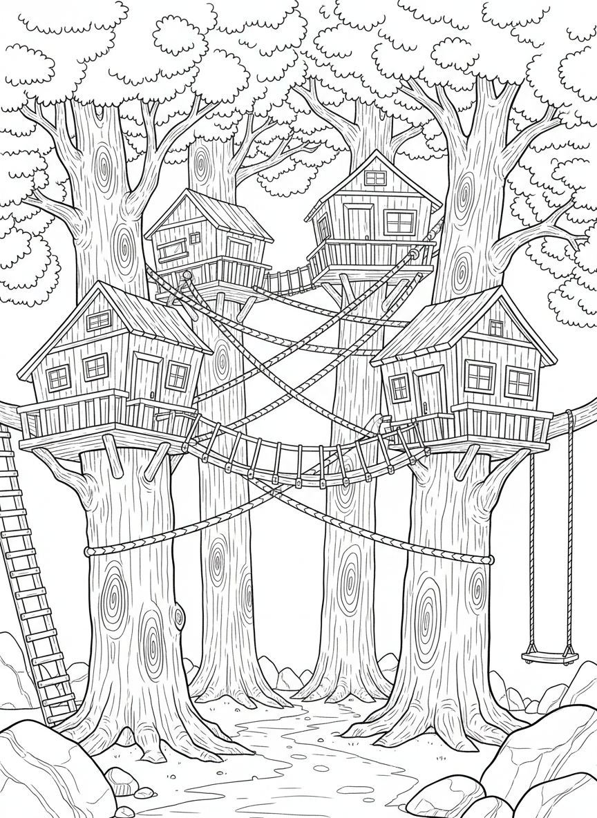 An elaborate treehouse fort with crisscrossing rope bridges forming a web pattern between four trees, detailed wood grain texture
