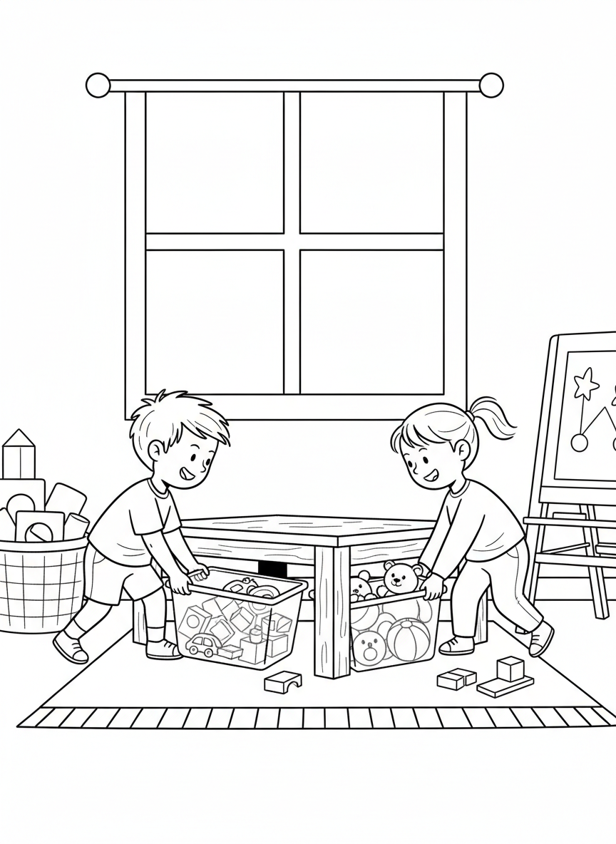 Two kids working together to push toy bins back under a table, cleaning up play area, collaborative effort