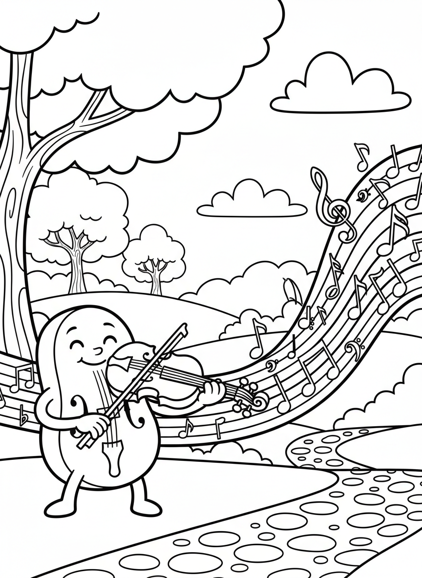 A friendly cartoon fiddle character playing music with musical staff lines and notes swirling around it.