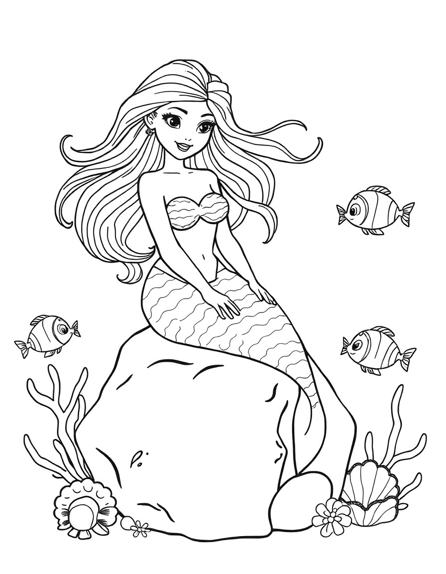 A beautiful mermaid with flowing hair, sitting on a rock in the ocean, surrounded by friendly fish and seashells.