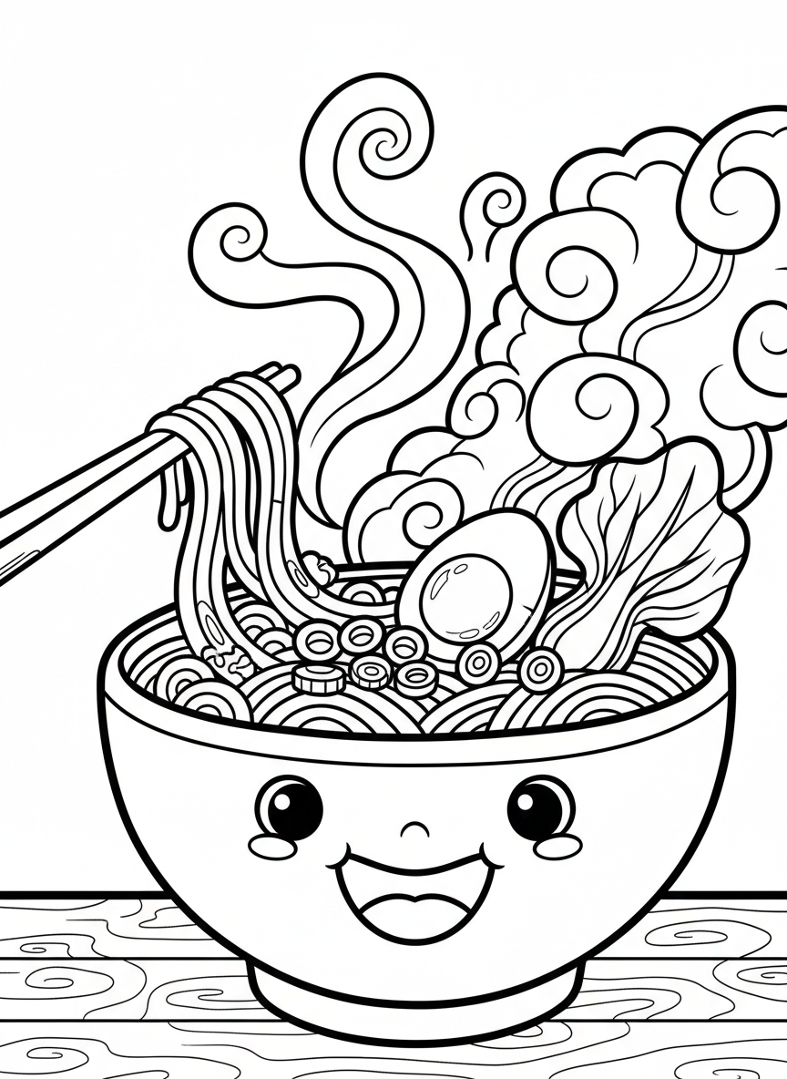 A happy ramen bowl with noodles, a soft-boiled egg, and vegetables, with steam swirls rising above it