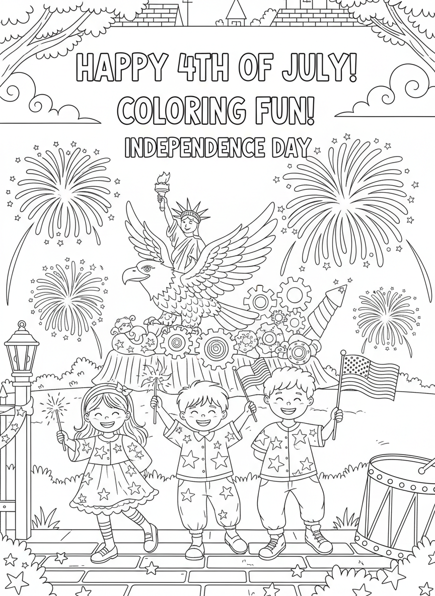 Independence Day children's coloring book cover, full color, vibrant kid-friendly illustration with whimsical independence day elements, clean composition, title-safe area at top.