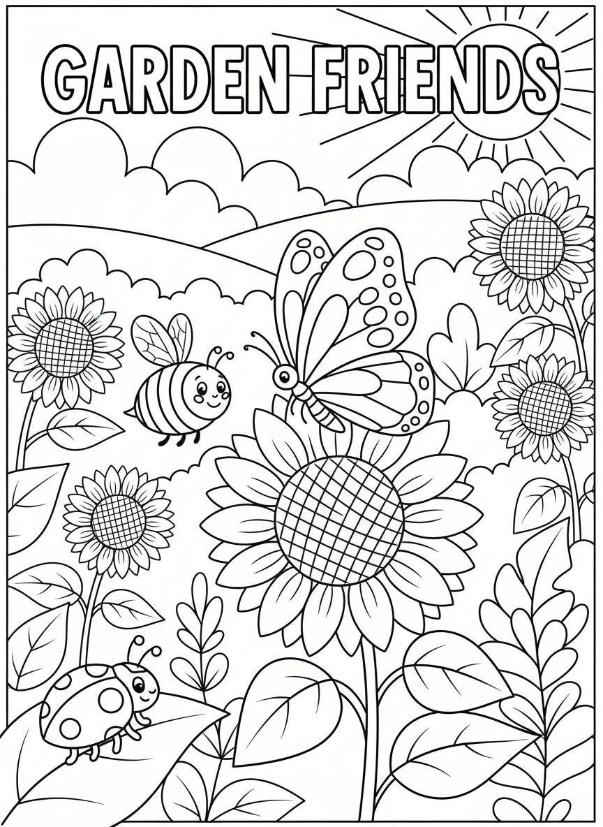 Garden friends coloring book cover, full-color illustration with butterflies, bees, ladybugs, and sunflowers in a sunny meadow. Title-safe area at top.