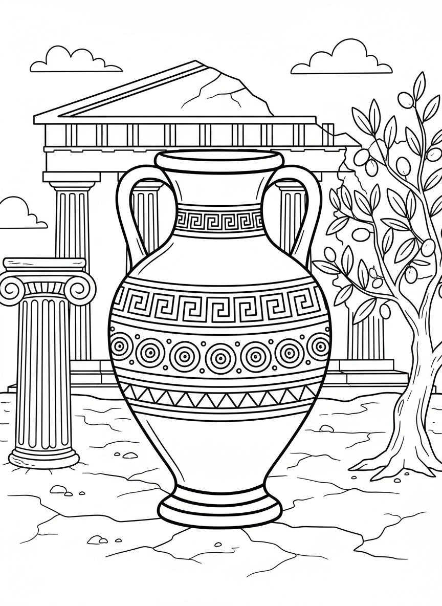 A large amphora-style vase with two handles and ancient Greek-inspired geometric patterns along the sides.