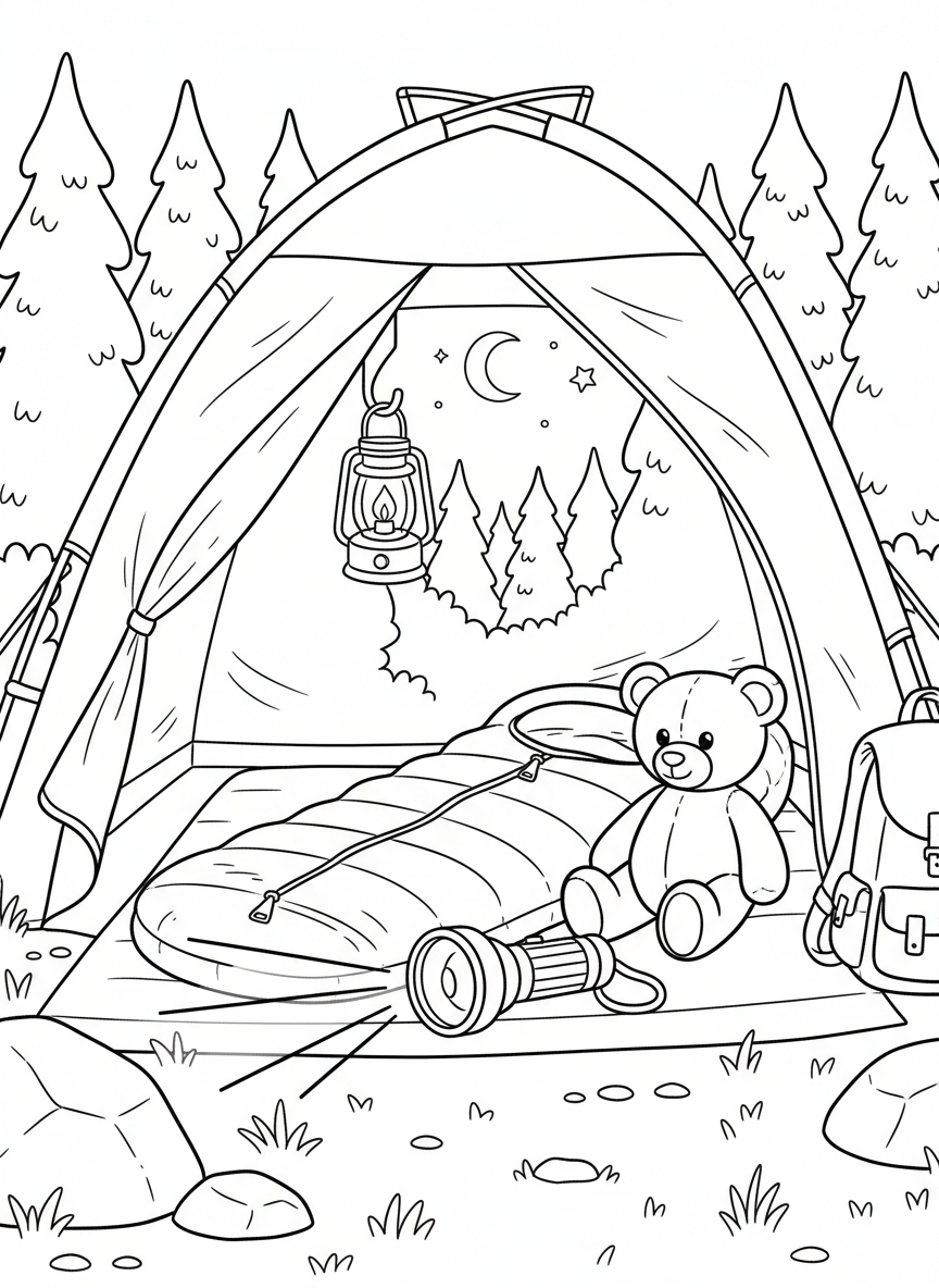 A cozy sleeping bag laid out inside a tent with a flashlight and teddy bear, simple line art perfect for young colorists.