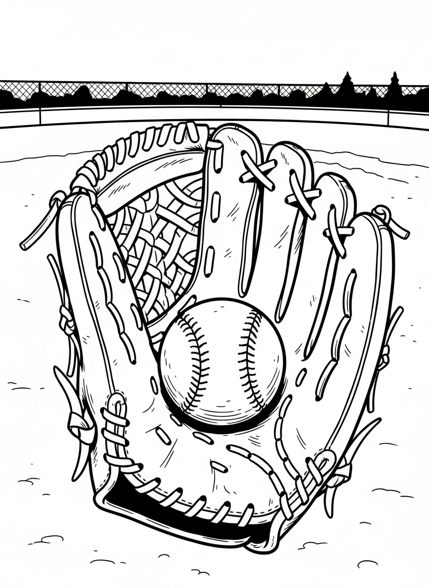A close-up of a baseball glove with a baseball nestled in the pocket, showing the leather lacing and webbing details.