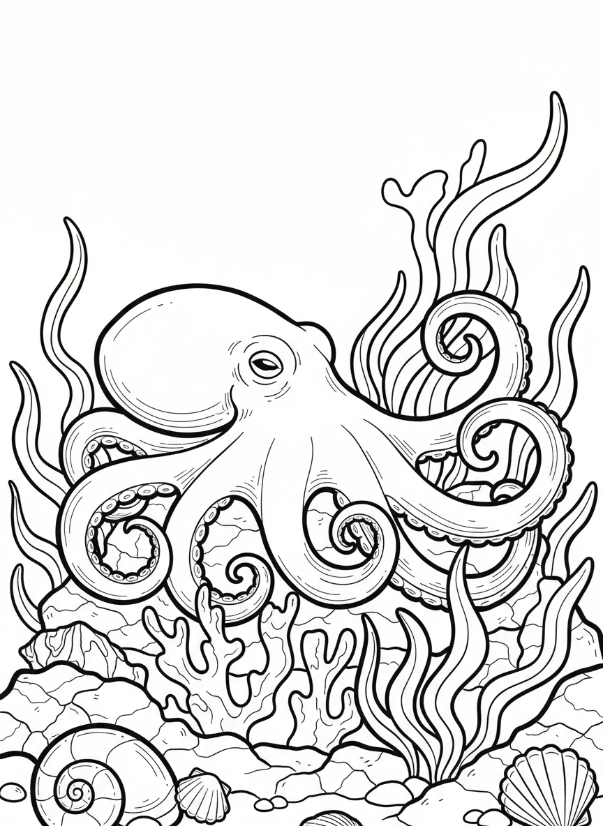 An octopus resting on coral rocks surrounded by seaweed and shells, showing its curled tentacles clearly