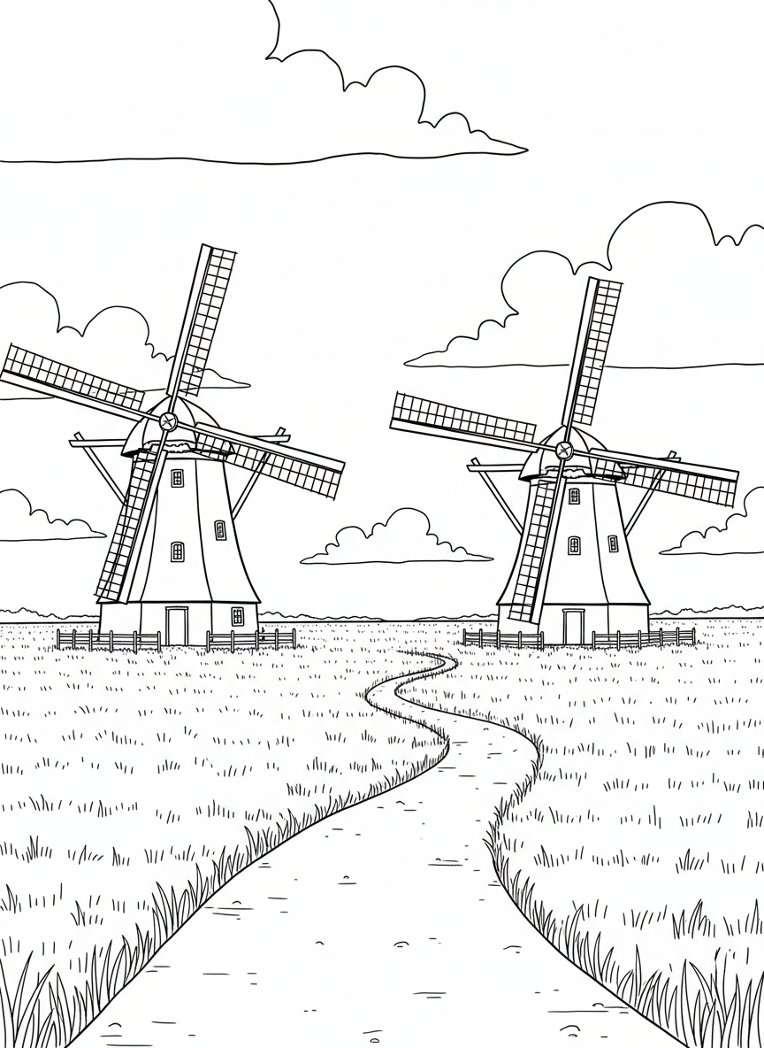 Two windmills side by side in an open meadow with a winding dirt path leading between them and fluffy clouds above.