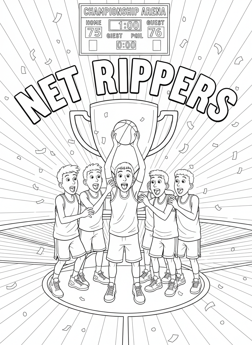 An underdog team "Net Rippers" huddled tightly together at center court, expressions of shock and joy spreading as they realize they have just upset a tournament favorite on the biggest stage imaginable.