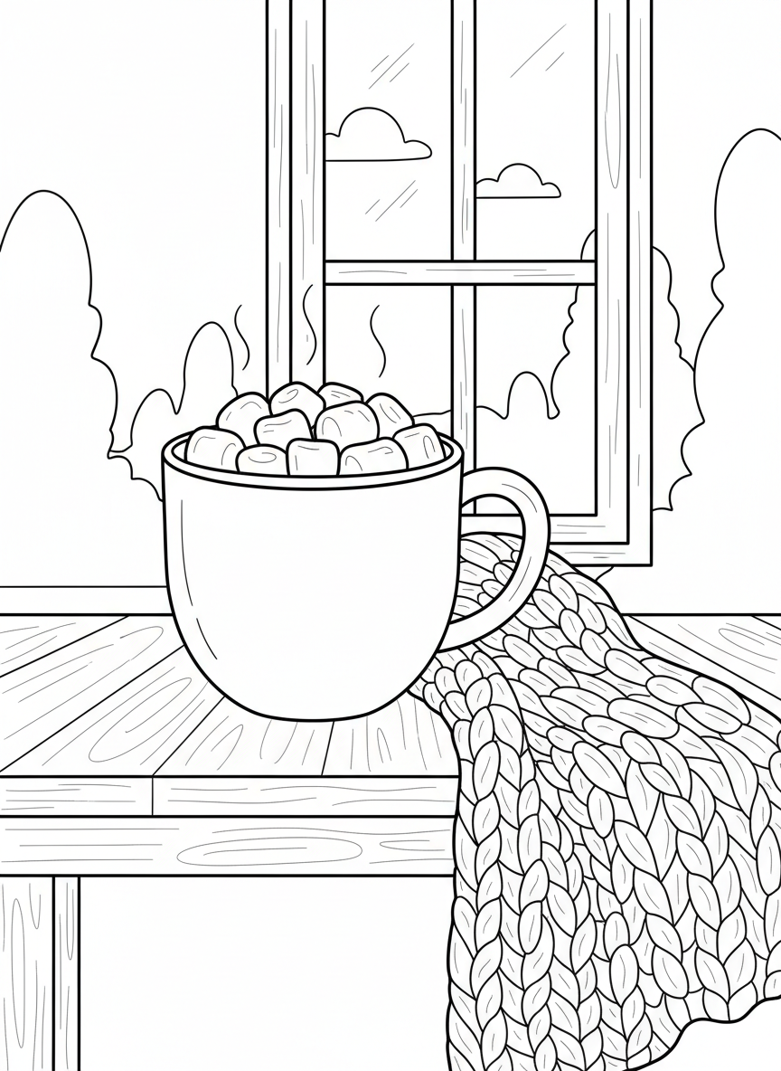 A steaming mug of hot cocoa topped with marshmallows, sitting on a table next to a cozy blanket