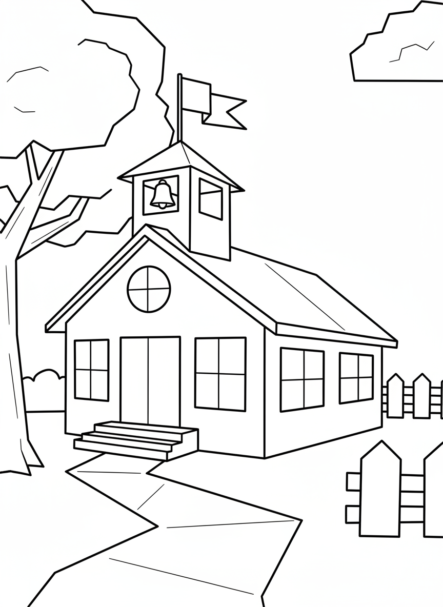 A simple origami schoolhouse with a bell tower, large windows, front steps, and a flag, featuring easy-to-color geometric shapes.