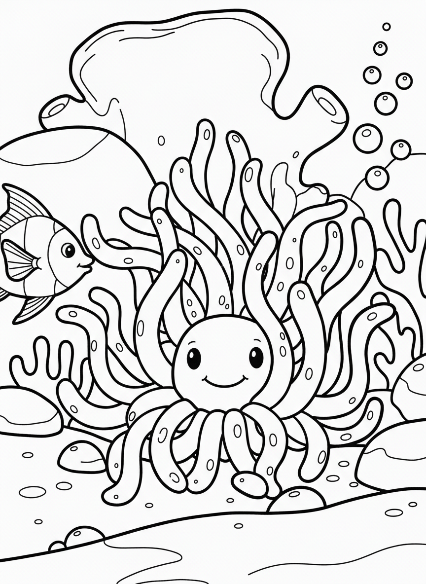 Friendly cartoon-style sea anemone with smiling face hidden among tentacles, simple design for toddlers