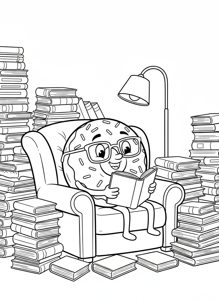 A donut reading a book while sitting in a cozy armchair, surrounded by stacks of books and a lamp