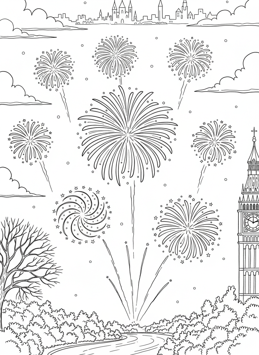 Simple fireworks bursting in different patterns across the sky - stars, spirals, and circular explosions with trailing sparks