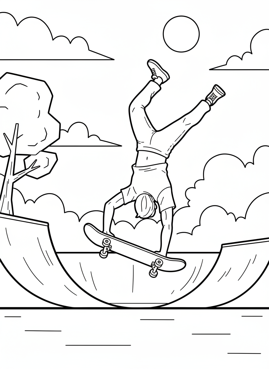 A skateboarder performing a handstand trick on their board, impressive balance pose, minimal background for easy coloring.