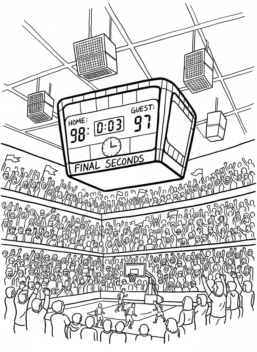 The scoreboard showing the final seconds of a close championship game with excited fans in the arena seats below.