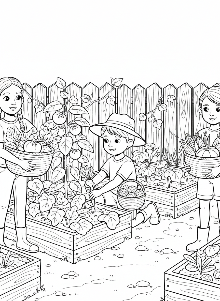 Young eco heroes picking fresh vegetables from a community garden, holding baskets full of produce, with garden beds and a fence behind them.