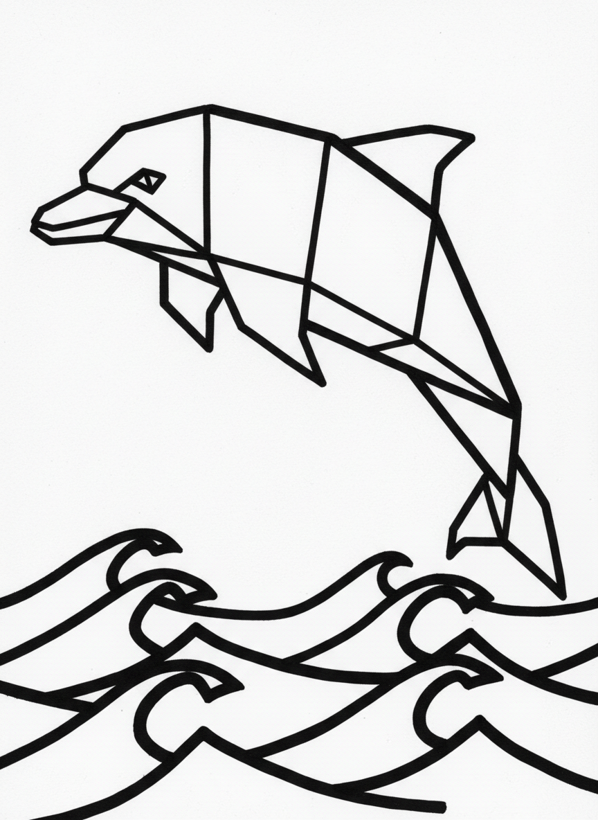 A simple origami dolphin with geometric folds jumping out of stylized waves, showing clear paper creases and triangular fins, easy design for young children