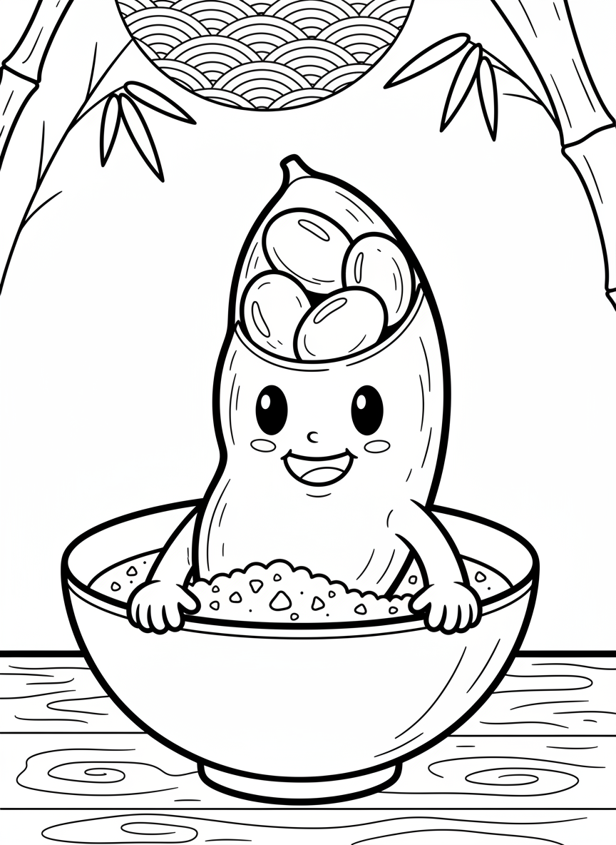 A detailed edamame pod character with beans peeking out, sitting in a small bowl with salt